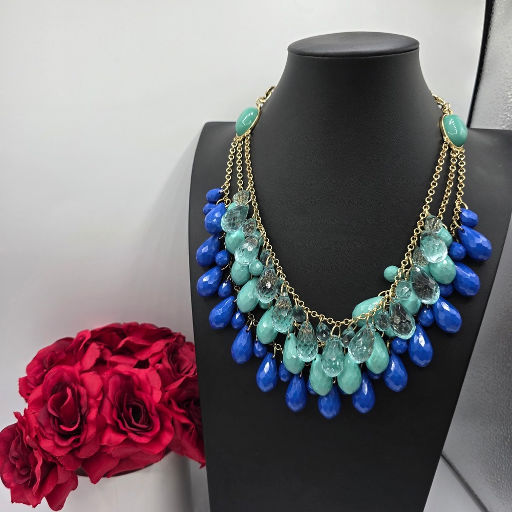 Blue Teal Faceted Teardrop Bib Statement Necklace Gold Tone Adjustable Classy